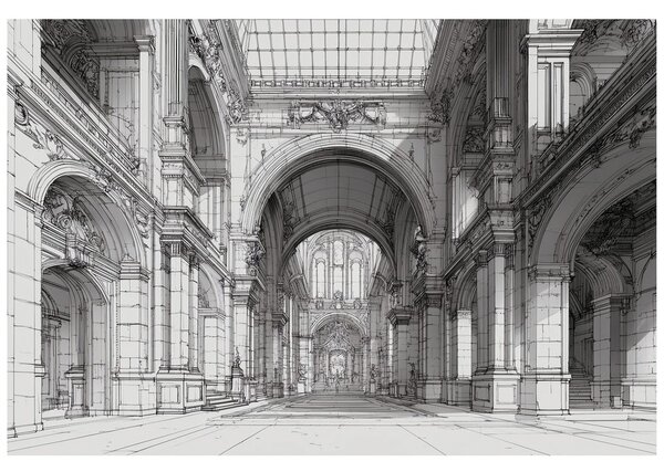 Tapeta historická architektura v černobílé kresbě