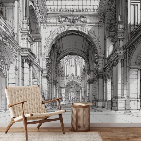 Tapeta historická architektura v černobílé kresbě