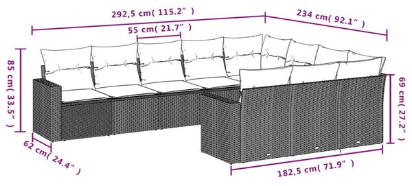 10dílná zahradní sedací souprava s poduškami šedá polyratan 3251827