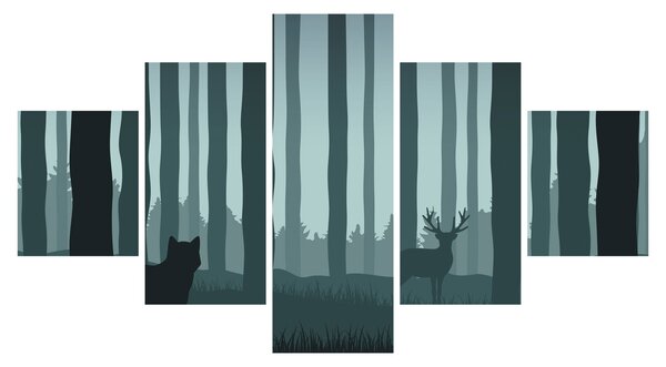 Obraz - Jelen s vlkem ve skalách (125x70 cm)