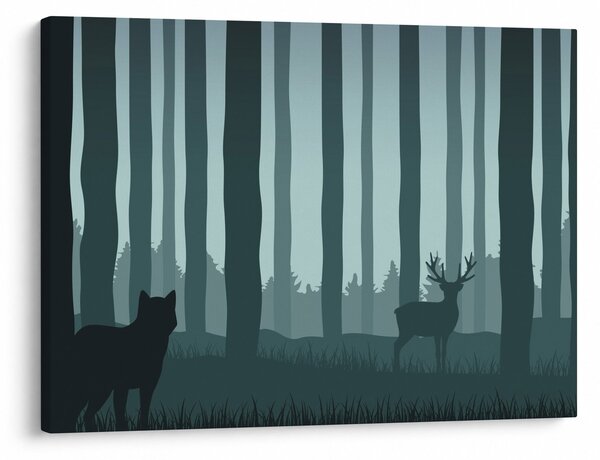 Obraz - Jelen s vlkem ve skalách (70x50 cm)