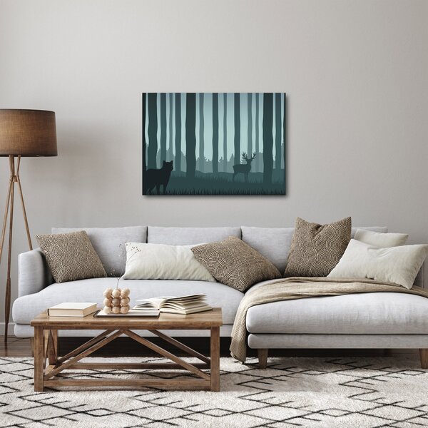 Obraz - Jelen s vlkem ve skalách (70x50 cm)