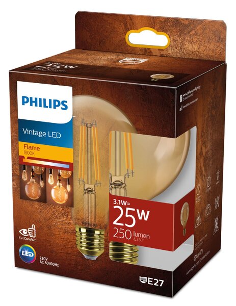 LED filament žárovka E27 G95 3,1W (25W) 250lm 1800K nestmívatelná, jantarová
