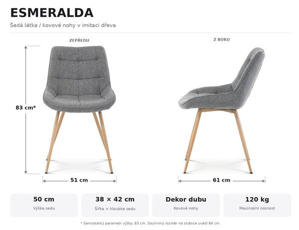 Jídelní židle ESMERALDA - šedá látka/ kovové nohy v imitaci dřeva