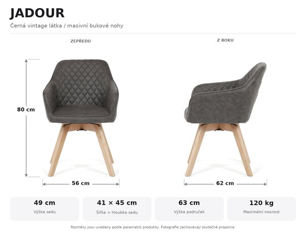 Jídelní otočná židle JADOUR - černá látka vintage / masivní dřevěné nohy