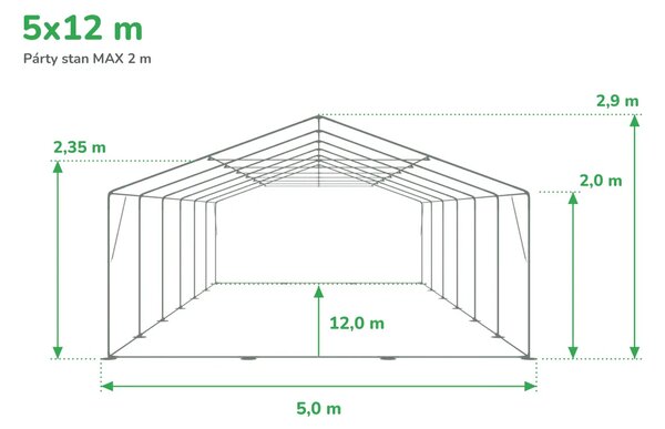 Zahradní párty stan 5x12m MAX 2m - ohnivzdorný barva Bílá
