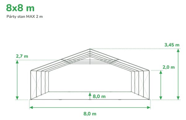 Zahradní párty stan 8x8m MAX 2m - ohnivzdorný barva Bílá
