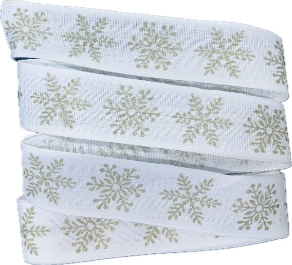 Vánoční stuha Frosted Snowflakes bílá 25mm x 2m (7,50 Kč/m)