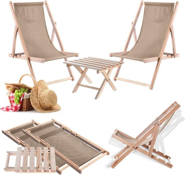 KADAX set pírodní konferenní stolek pro lehátka + 2 devná lehátka cappuccino