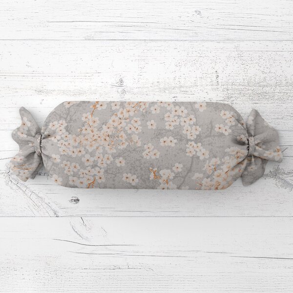 Biante Polštář válec bonbon Sandra SA-634 Bílé třešňové květy na šedém 15x40 cm