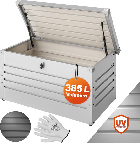 GARDEBRUK® Úloný box 385L objem vetn rukavic Kovový Uzamykatelný Plynová tlaková pruina 120x62cm Odolný proti povtrnostním vlivm Zahradní balkonový sklípek Zahradní box Zahradní truhla bílá