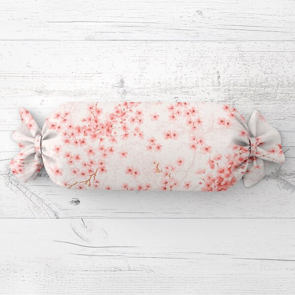 Biante Polštář válec bonbon Sandra SA-633 Růžové třešňové květy na bílém 15x40 cm
