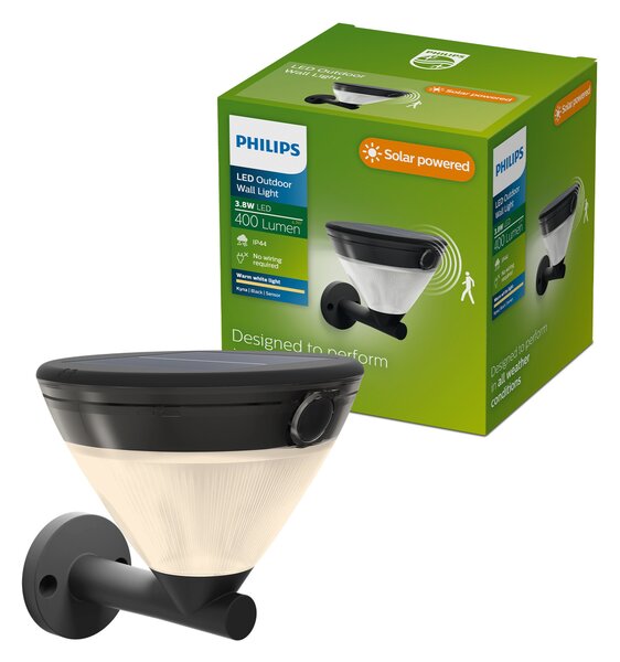 Kyna solární nástěnná zahradní lampa 3,8W 27K černá se senzorem