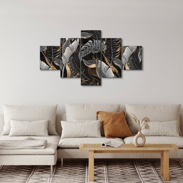 Obraz - Tropické listy v černo-zlaté (125x70 cm)