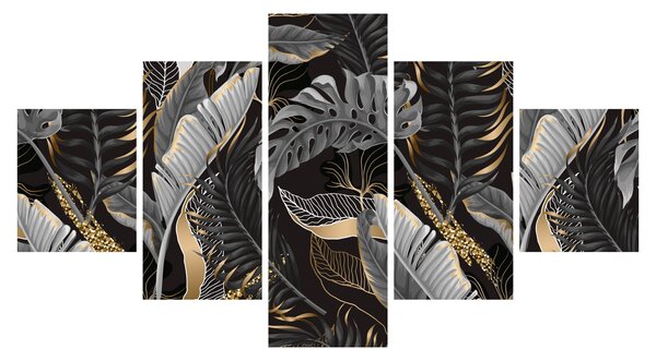 Obraz - Tropické listy v černo-zlaté (125x70 cm)