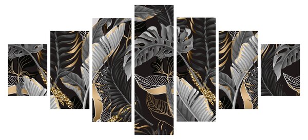 Obraz - Tropické listy v černo-zlaté (210x100 cm)