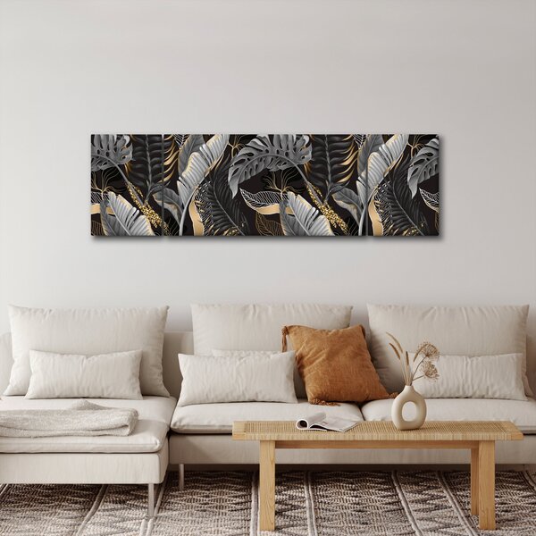 Obraz - Tropické listy v černo-zlaté (170x50 cm)