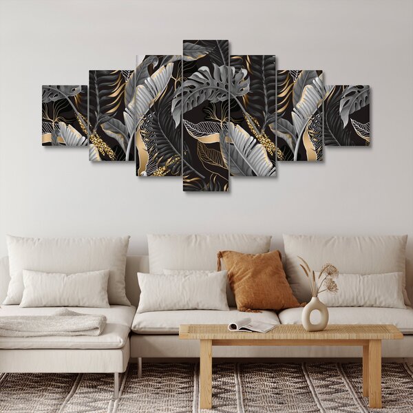 Obraz - Tropické listy v černo-zlaté (210x100 cm)