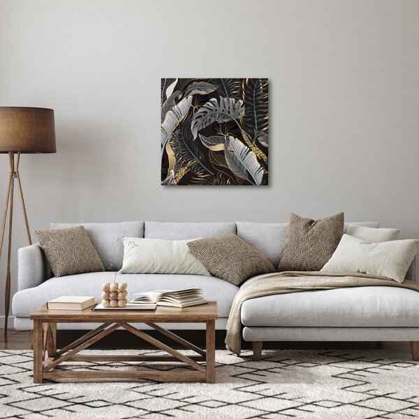 Obraz - Tropické listy v černo-zlaté (30x30 cm)