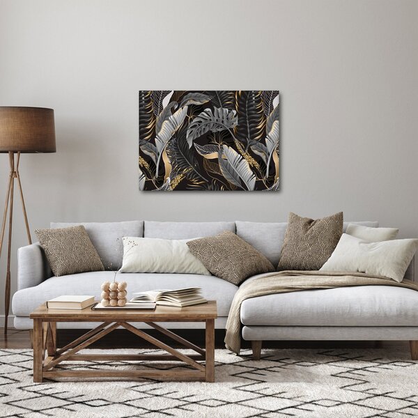 Obraz - Tropické listy v černo-zlaté (70x50 cm)