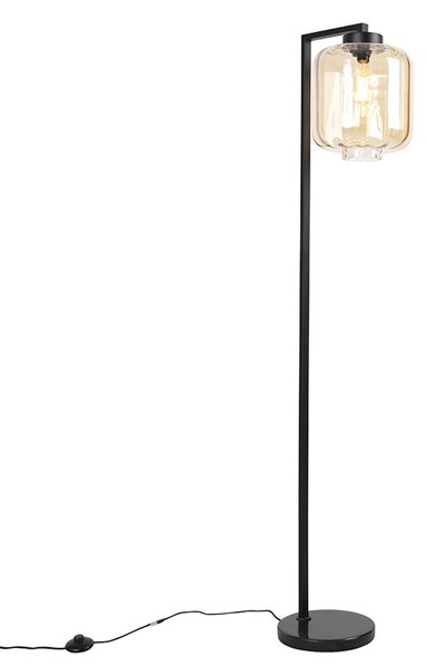 Designová stojací lampa černá s jantárovým sklem - Qara Down