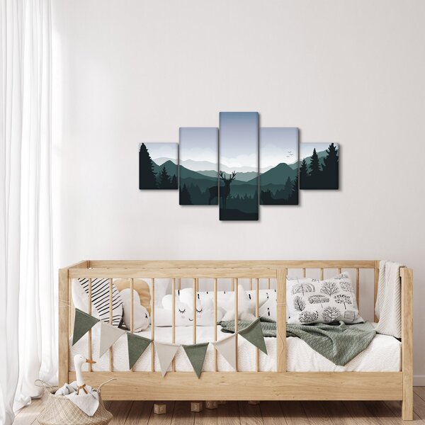 Obraz - Jelen s vlkem ve skalách (125x70 cm)