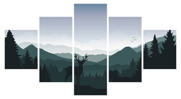 Obraz - Jelen s vlkem ve skalách (125x70 cm)