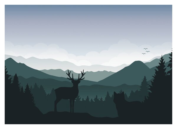 Obraz - Jelen s vlkem ve skalách (70x50 cm)