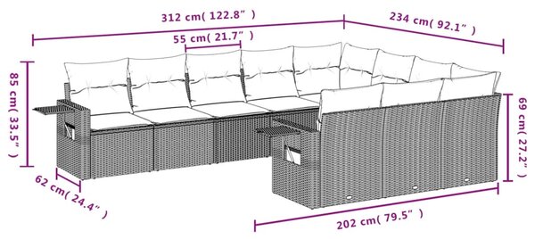10dílná zahradní sedací souprava s poduškami šedá polyratan 3253027