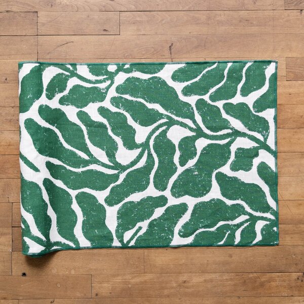Lněný běhoun na stůl Leaves Green 47 × 180 cm