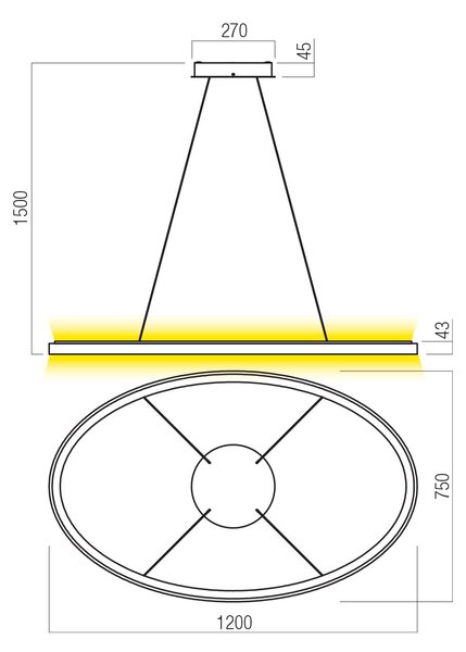 Redo 01-3819 Nobu, oválné zlaté závěsné svítidlo LED 120W 3000/4000K, 120x75cm, tříkrokové stmívání