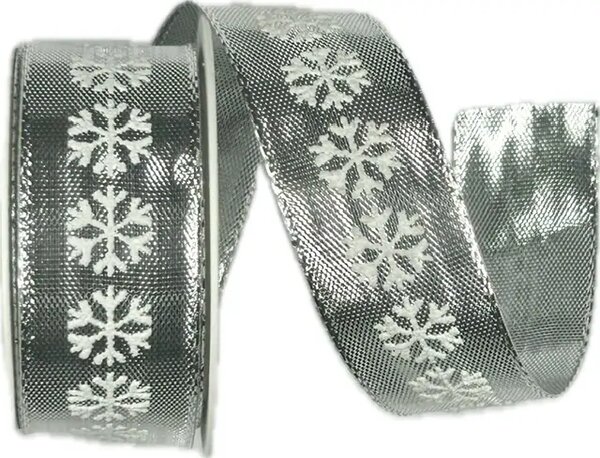 Stuha lurexová stříbrná WHITE SNOWFLAKES SILVER 25mm x 2m (13,-Kč/m)