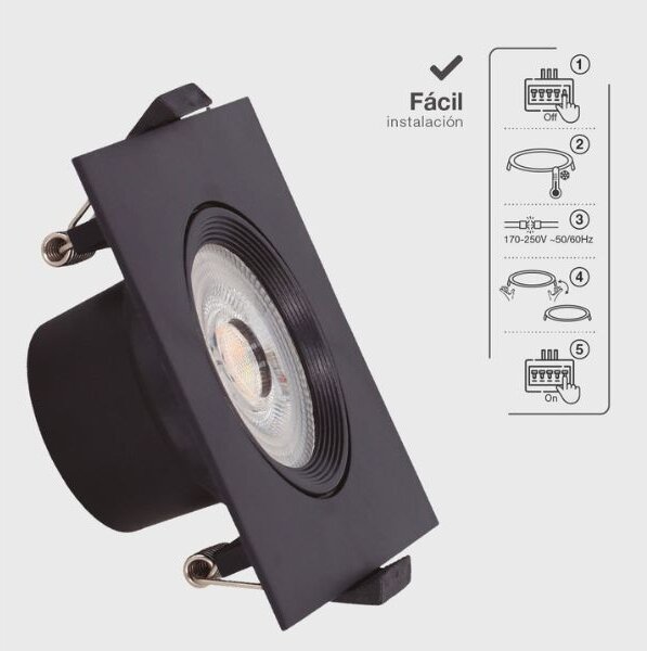 Prémiové výklopné podhledové bodové LED svítidlo 7W 510lm CCT černé čtverec 8,5cm, 3 roky