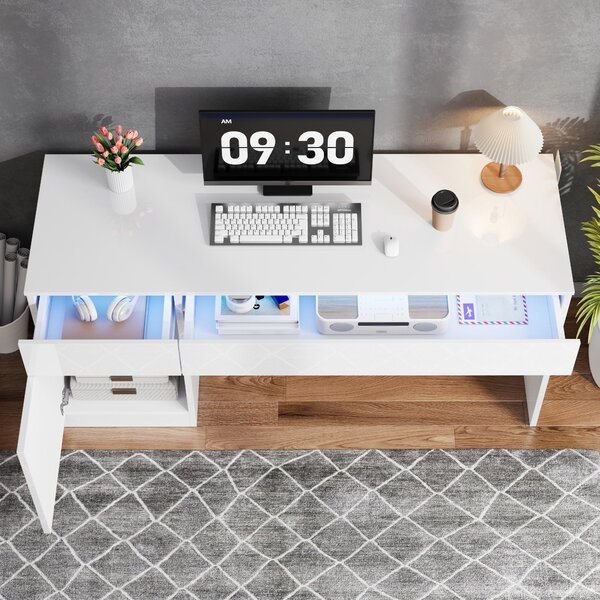 Psací stůl 120x50 cm, s LED osvětlením, 2 zásuvky, 1 dvířka, moderní počítačový stůl, toaletní stolek (bílá barva)