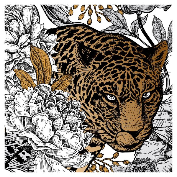 Obraz - Leopard mezi květy (30x30 cm)