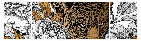 Obraz - Leopard mezi květy (170x50 cm)