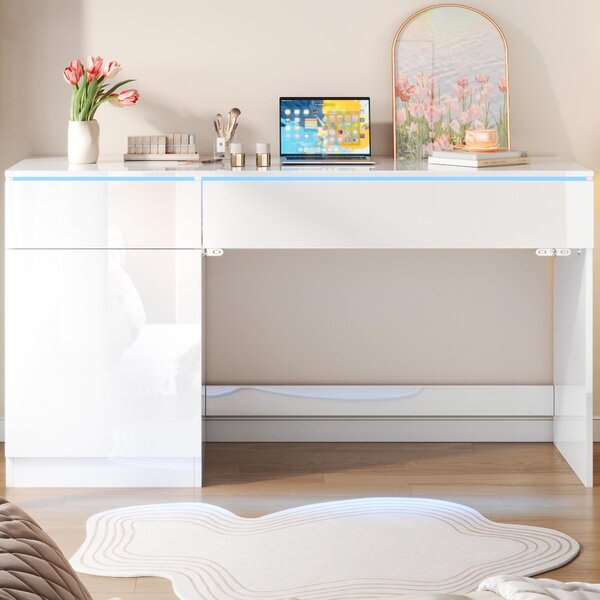 Psací stůl 120x50 cm, s LED osvětlením, 2 zásuvky, 1 dvířka, moderní počítačový stůl, toaletní stolek (bílá barva)