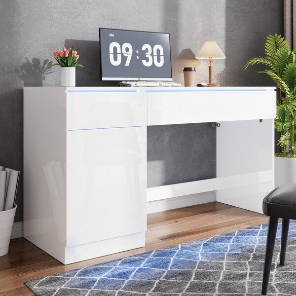 Psací stůl 120x50 cm, s LED osvětlením, 2 zásuvky, 1 dvířka, moderní počítačový stůl, toaletní stolek (bílá barva)