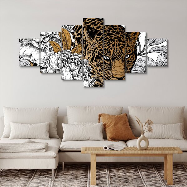 Obraz - Leopard mezi květy (210x100 cm)