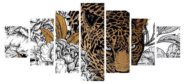 Obraz - Leopard mezi květy (210x100 cm)