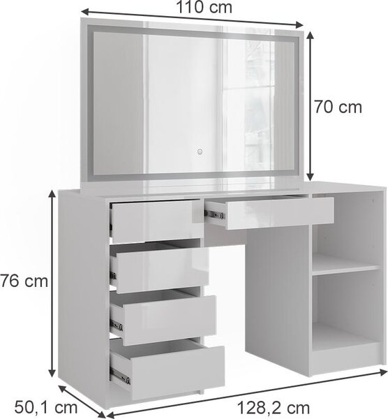 Toaletní stolek Vicco Sherry Bílá/bílý vysoký lesk 128.2 cm s LED zrcadlem, Model 57631