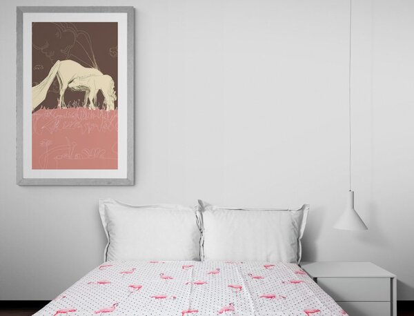 Plakát s paspartou kůň na růžové louce