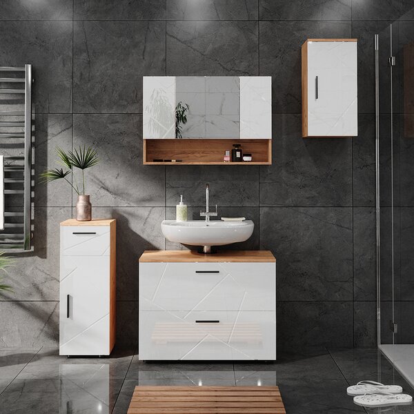 Koupelnová zrcadlová skříňka Vicco Irma Bílý vysoký lesk/zlatý dub power 80.1 x 55 cm, Model 40506
