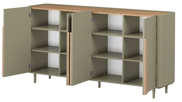 Komoda Amilio 200 cm čtyřdveřová na nožkách - eukalyptus / dub baltic dune / úchyty dub přírodní