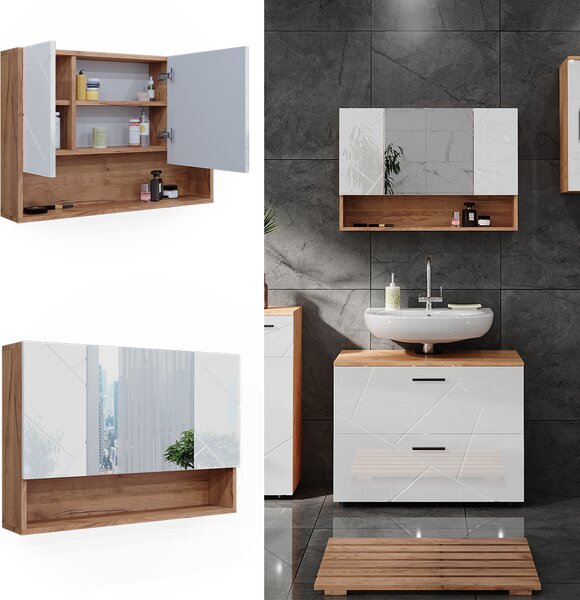 Koupelnová zrcadlová skříňka Vicco Irma Bílý vysoký lesk/zlatý dub power 80.1 x 55 cm, Model 40506
