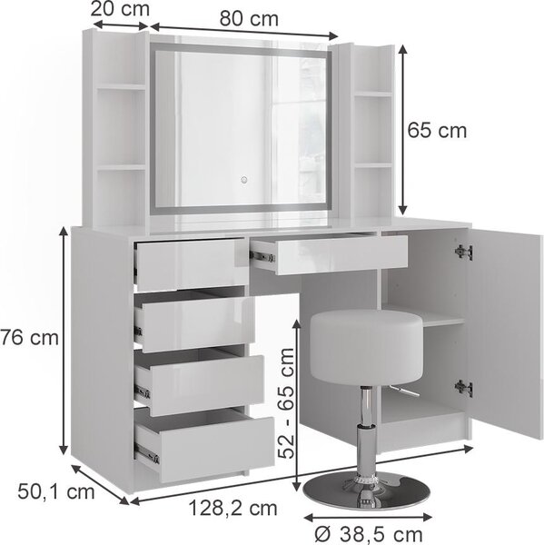 Toaletní stolek Vicco Sherry Bílá/bílý vysoký lesk 128.2 cm 5 dílů, Model 57644
