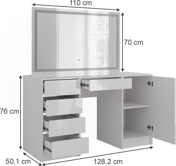 Toaletní stolek Vicco Sherry Bílá/bílý vysoký lesk 128.2 cm s LED zrcadlem, Model 57643