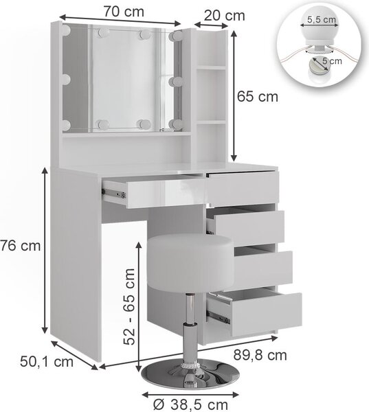 Toaletní stolek Vicco Sherry Bílá/Bílá vysoký lesk 89.8 cm se zrcadlem a stoličkou, Model 57699