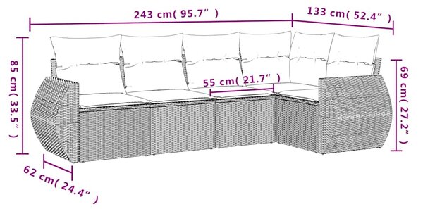 5dílná zahradní sedací souprava a podušky světle šedá polyratan 3221331