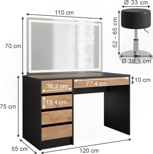 Toaletní stolek Vicco Sherry Antracit/zlatý dub 120 x 75 cm se zrcadlem LED a stoličkou, Model 52026